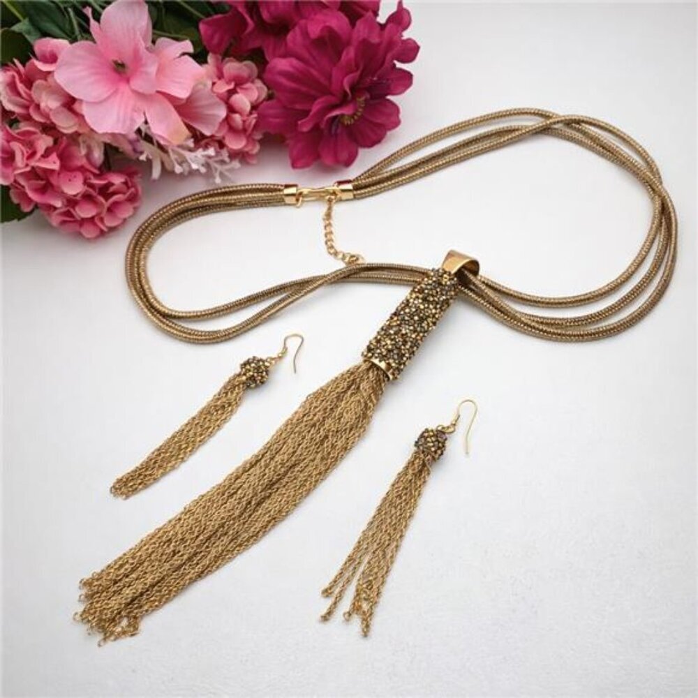 Gold Tone Mesh Chain Tassel Necklace Earrings Set Crystal Statement 31 In Adj.